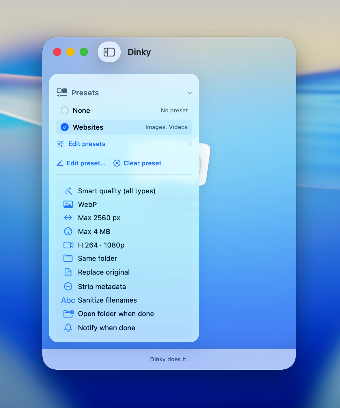 Dinky main window showing still image, video, audio, and PDF compression presets selected