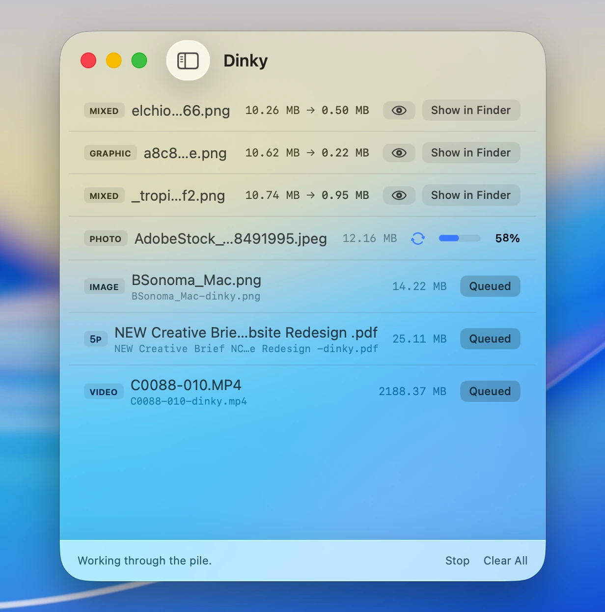 Dinky compression results list with file sizes
